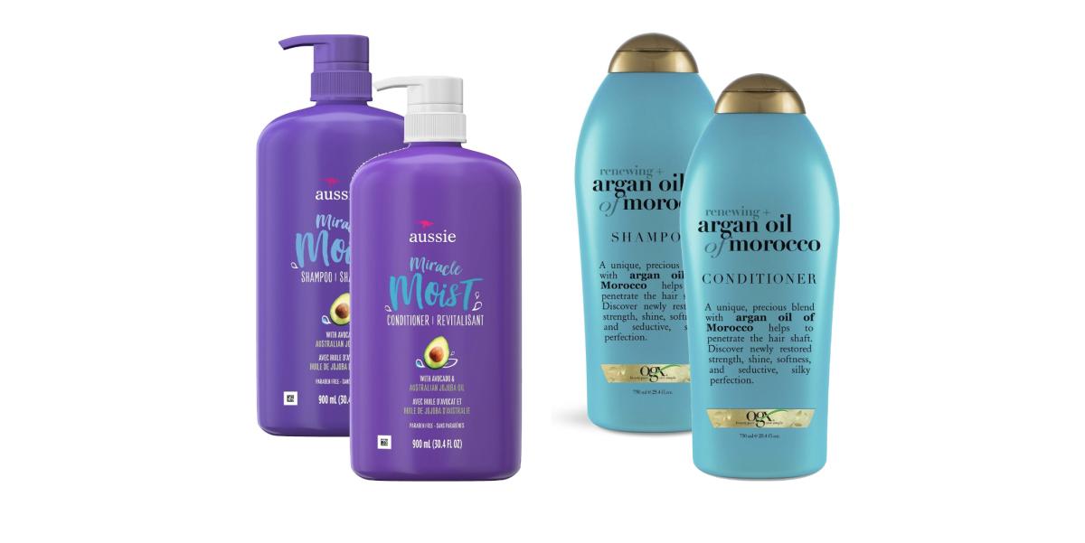 Images courtesy. Aussie Miracle Moist Shampoo, Aussie Miracle Moist Conditioner, OGX Renewing + Argan Oil of Morocco Shampoo, Argan Oil of Morocco Conditioner